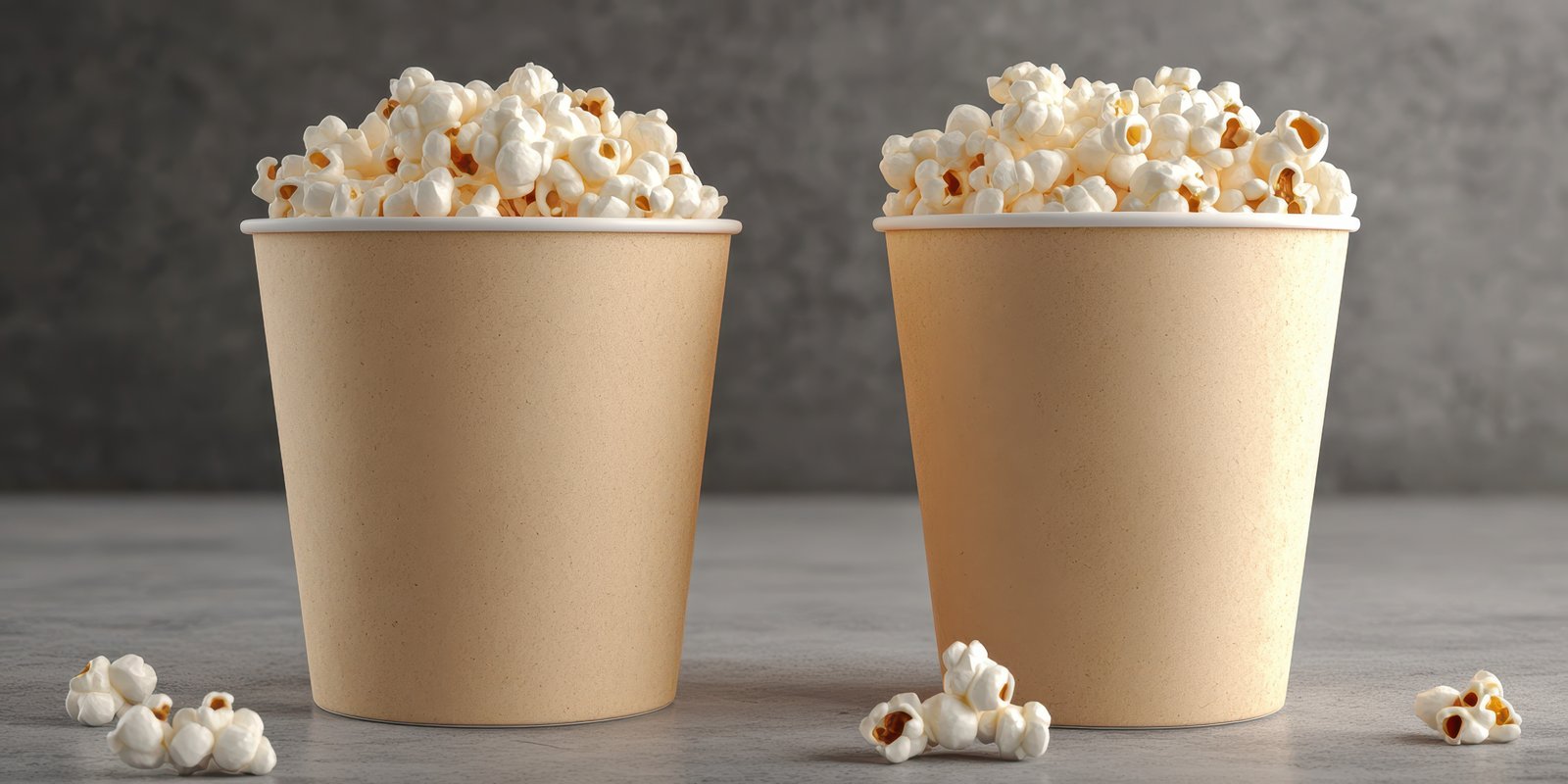 Two cups filled with freshly made popcorn on a textured surface